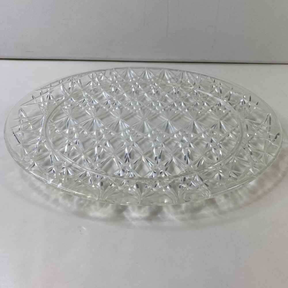 Cut Crystal 13" Glass Plate Intricate Diamond Pattern Vintage Serving Platter